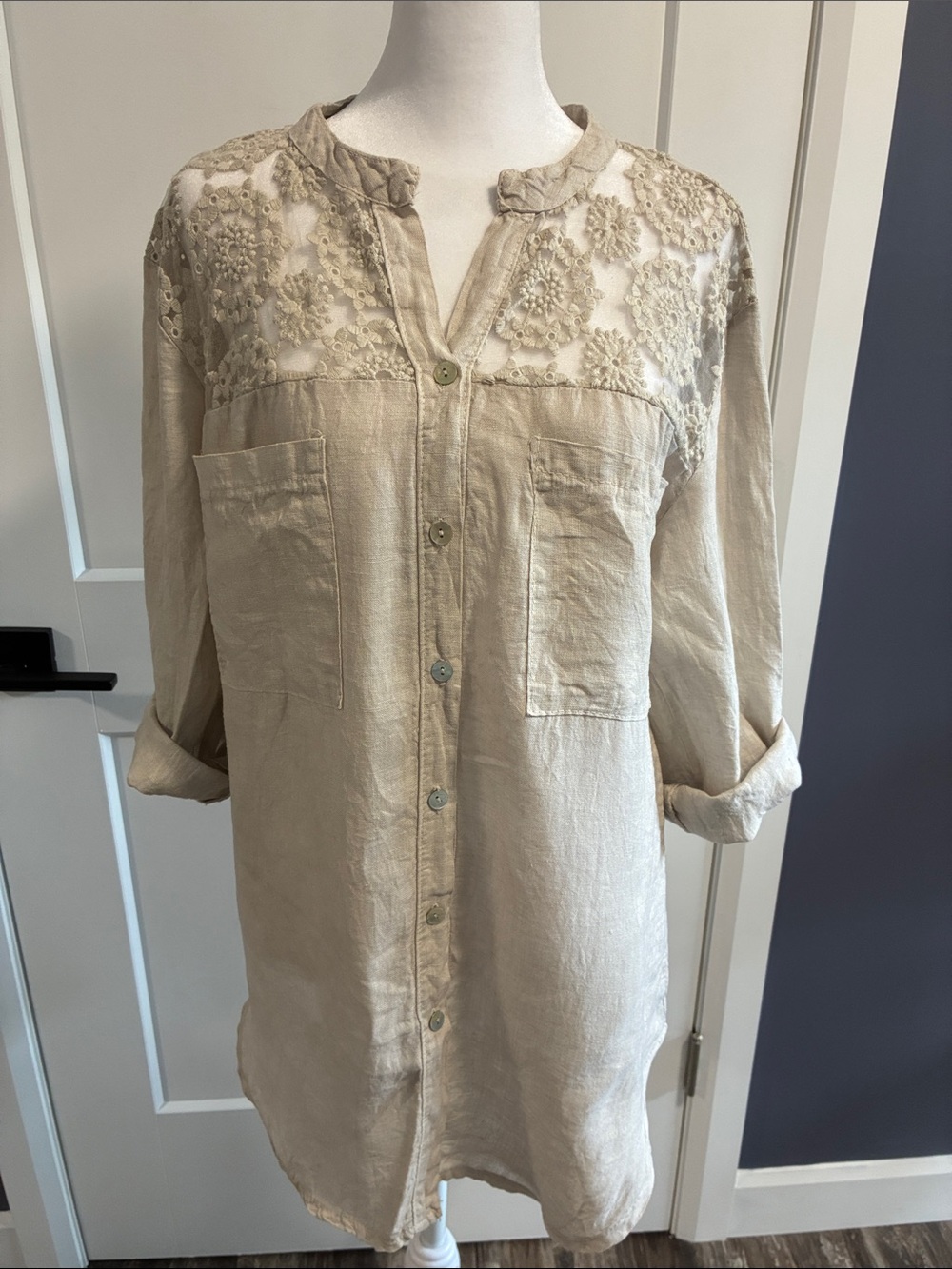 100% Italian Linen Button-Down Tunic with Lace Yoke